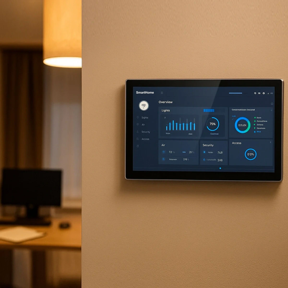 A wall-mounted touch panel in a warm contemporary residence