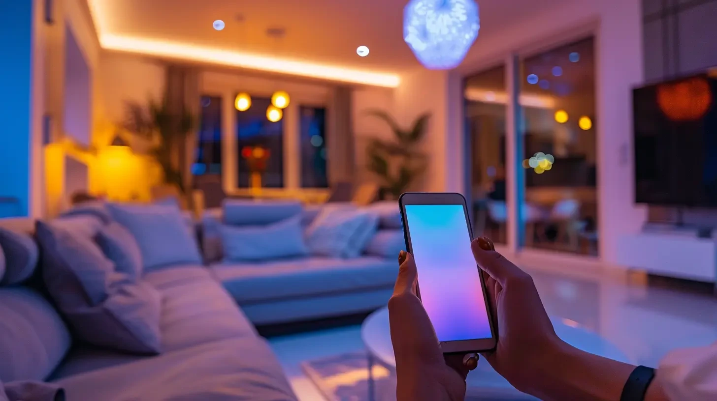 A resident using a phone in a modern living room with layered lighting