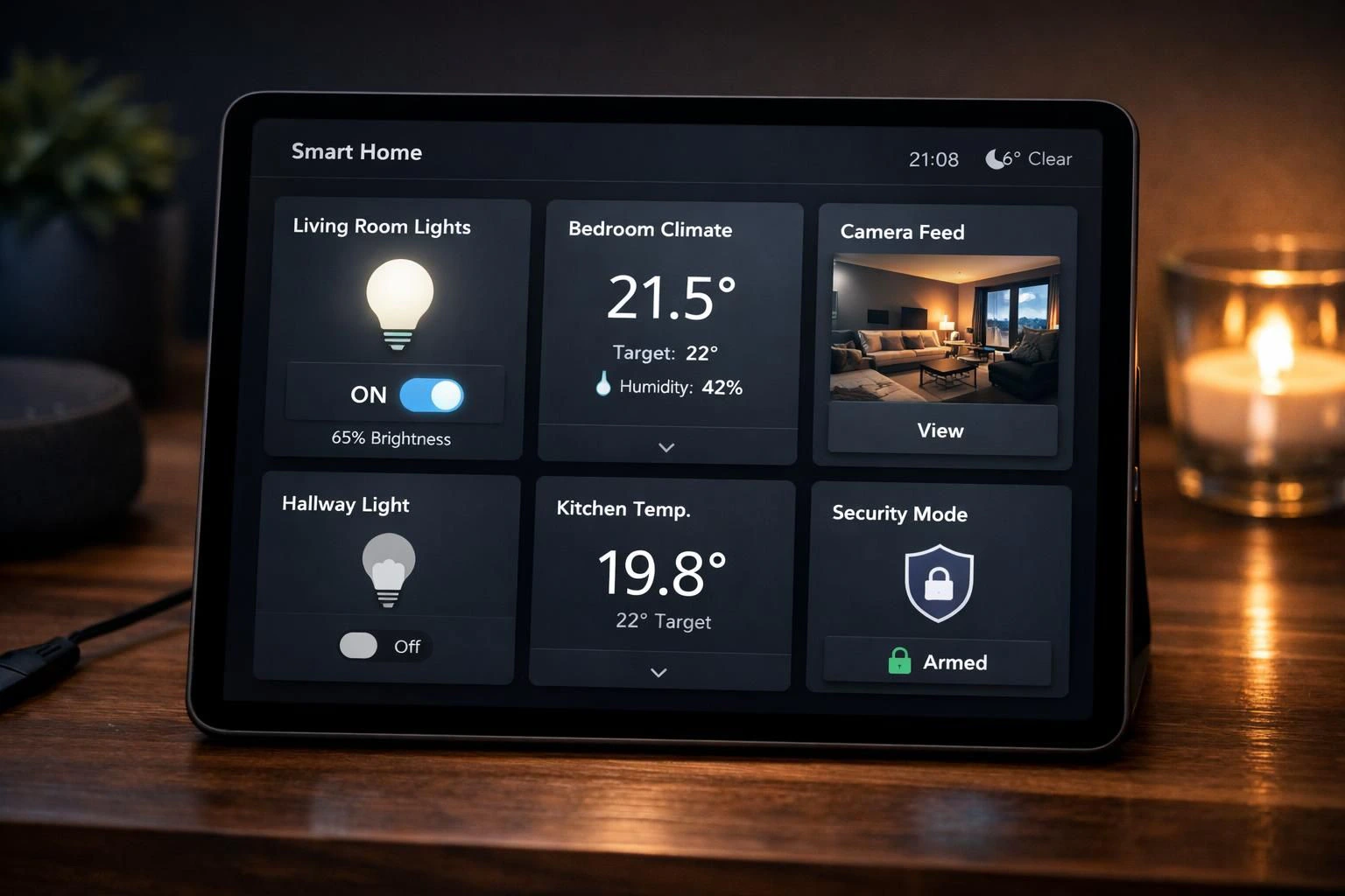 Smart-home touch panel displaying lighting, climate, camera, and security controls on a wooden table